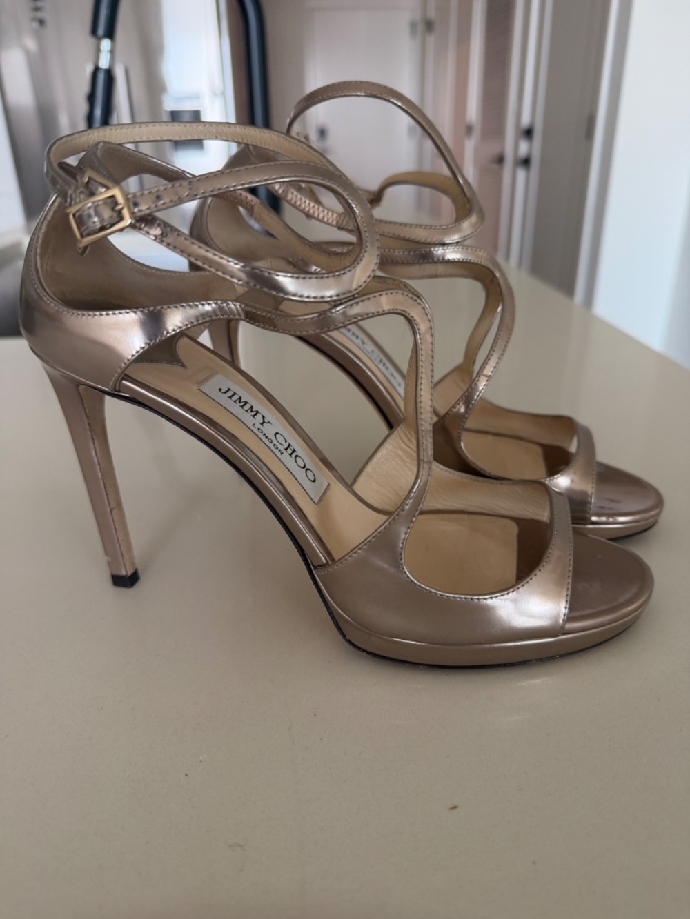 Jimmy Choo Ballet Pink Liquid Mirror Leather Sandals - Picture 6 of 9